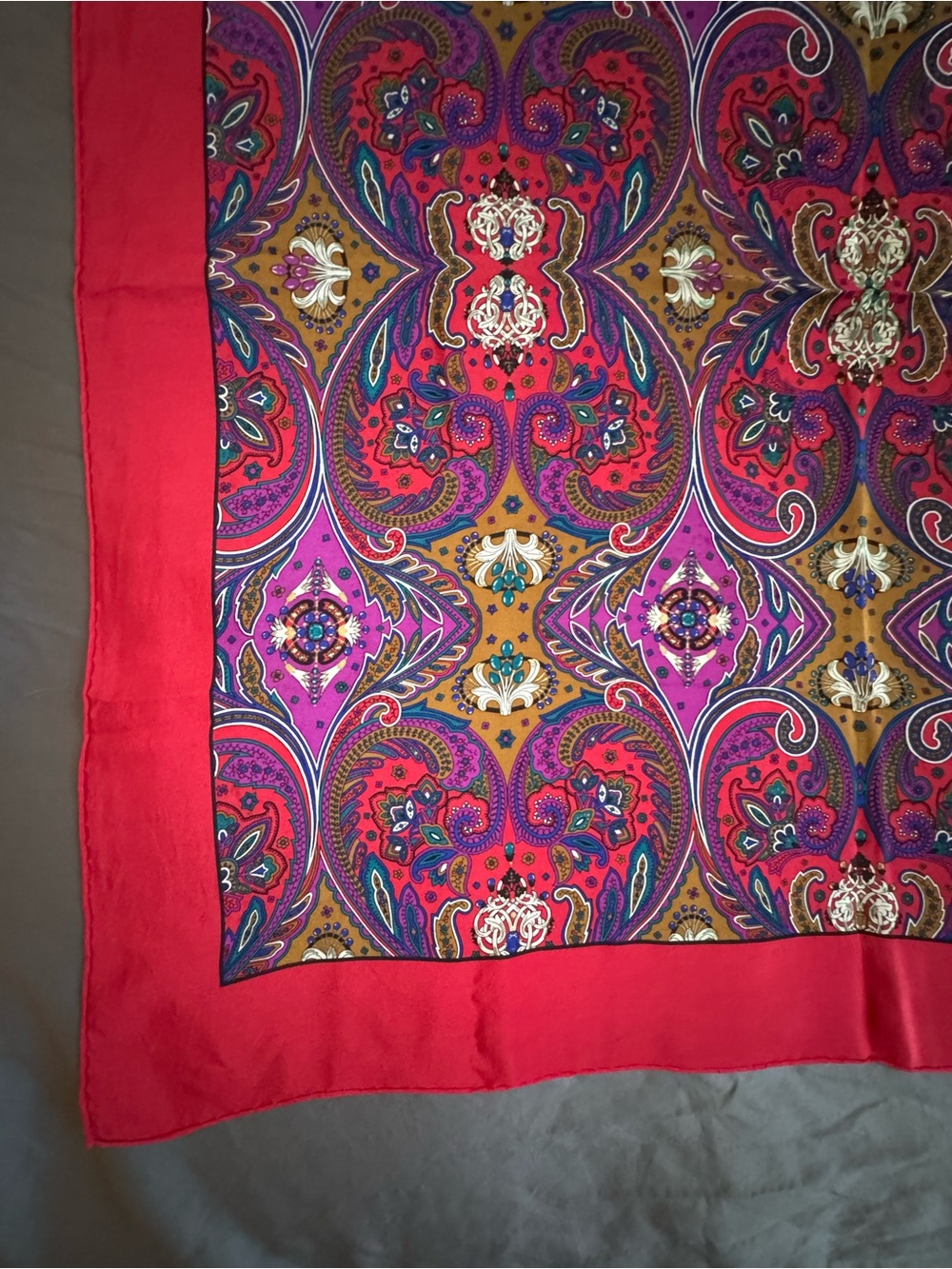 Dior Multicolor Paisley Silk Scarf with Red Border - Picture 6 of 7